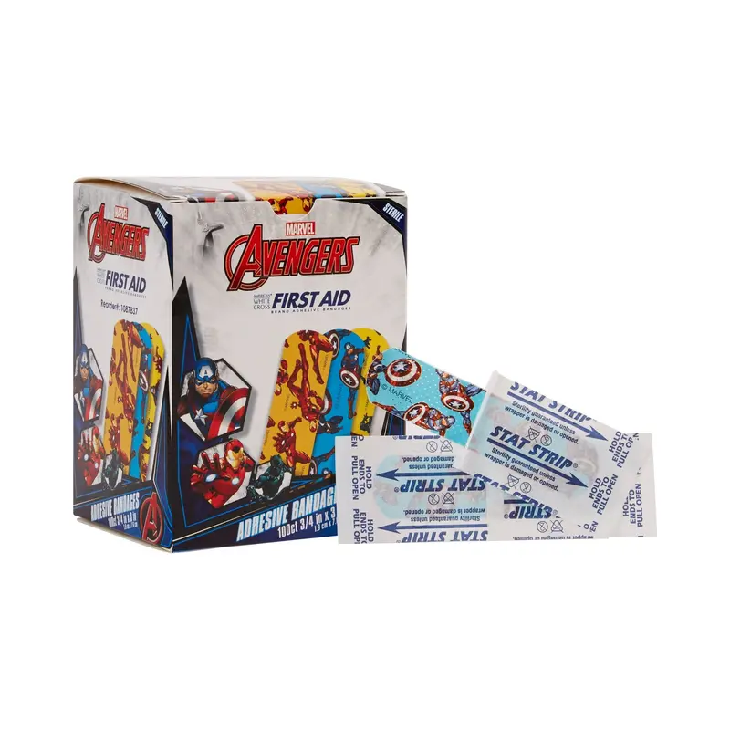 American White Cross Stat Strip Adhesive Strip 3/4 X 3 Inch Plastic Rectangle Kid Design (Black Panther / Captain America / Iron Man) Sterile (897043_BX) 100/BX