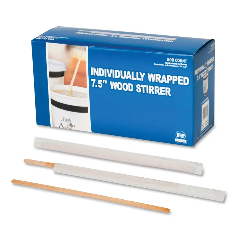 AmerCareRoyal Wood Coffee Stirrers, 7.5", Wrapped, 5,000/Carton (RPPR825W) Case of 5000