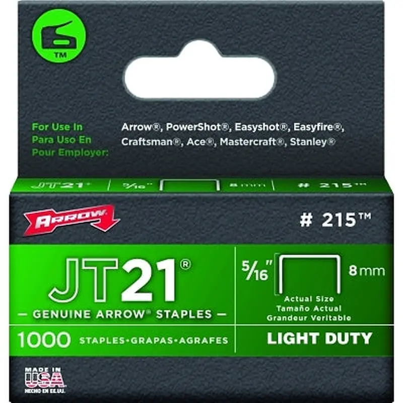 Arrow Fastener JT21 Type Staples, 5/16 in, Steel, 1,000 PK (091-215) Each