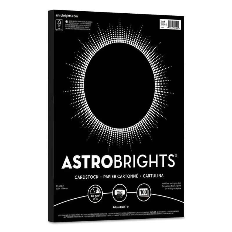 Astrobrights Color Cardstock, 65 lb Cover Weight, 8.5 x 11, Eclipse Black, 100/Pack (WAU2202401) Pack of 100