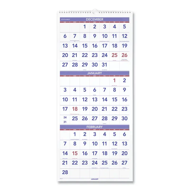 AT-A-GLANCE Deluxe Three-Month Reference Wall Calendar, Vertical Orientation, 12 x 27, White Sheets, 14-Month: Dec 2025 to Jan 2027 (AAGPM1128) Each