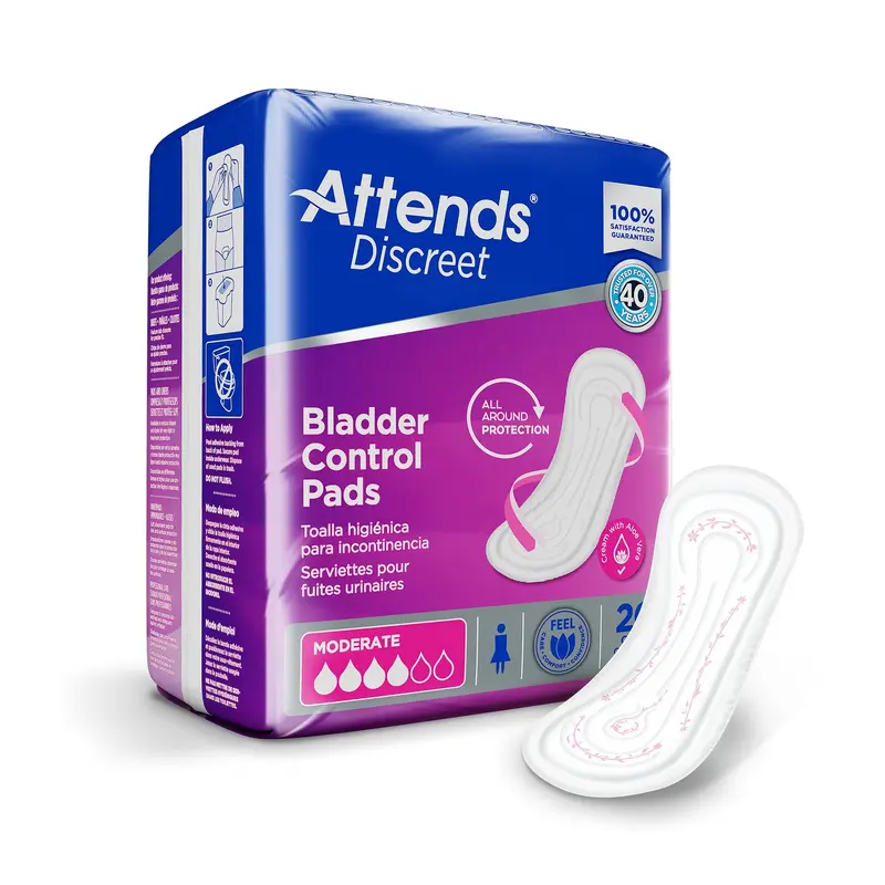 Attends Discreet Bladder Control Pad 10-1/2 Inch Length Moderate Absorbency Polymer Core One Size Fits Most (1039118_BG) 20/BG
