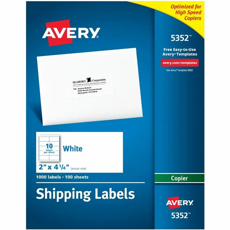 Avery Copier Mailing Labels, Copiers, 2 x 4.25, White, 10/Sheet, 100 Sheets/Box (AVE5352) Box of 1000