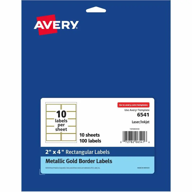 Avery Labels with Metallic Gold Borders, 2" x 4" , 100 (6541) (AVE6541) Pack of 100