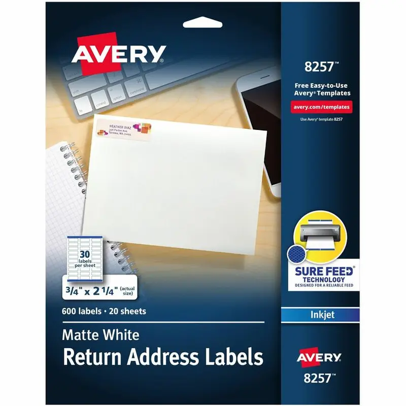 Avery Matte White Ink Jet Labels, 3/4"x2 1/4", 600 per Pack (AVE8257) Pack of 600