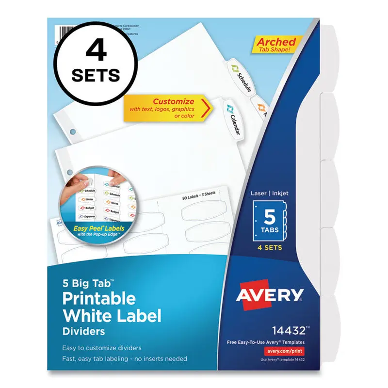 Avery Big Tab Printable White Label Tab Dividers, 5-Tab, 11 x 8.5, White, 4 Sets (AVE14432) Pack of 6