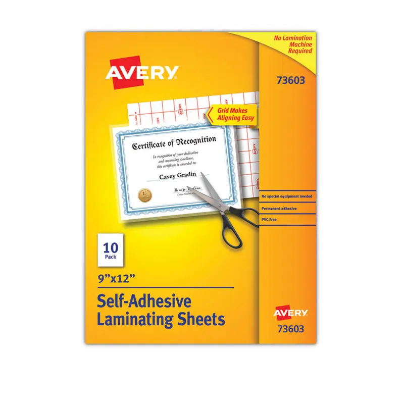 Avery Clear Self-Adhesive Laminating Sheets, 3 mil, 9" x 12", Matte Clear, 10/Pack (AVE73603) Pack of 10