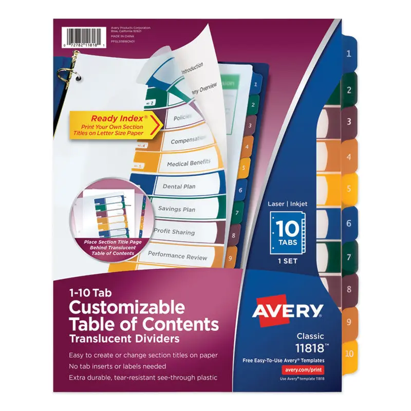 Avery Customizable Table of Contents Ready Index Dividers with Multicolor Tabs, 10-Tab, 1 to 10, 11 x 8.5, Translucent, 1 Set (AVE11818) Set of 10