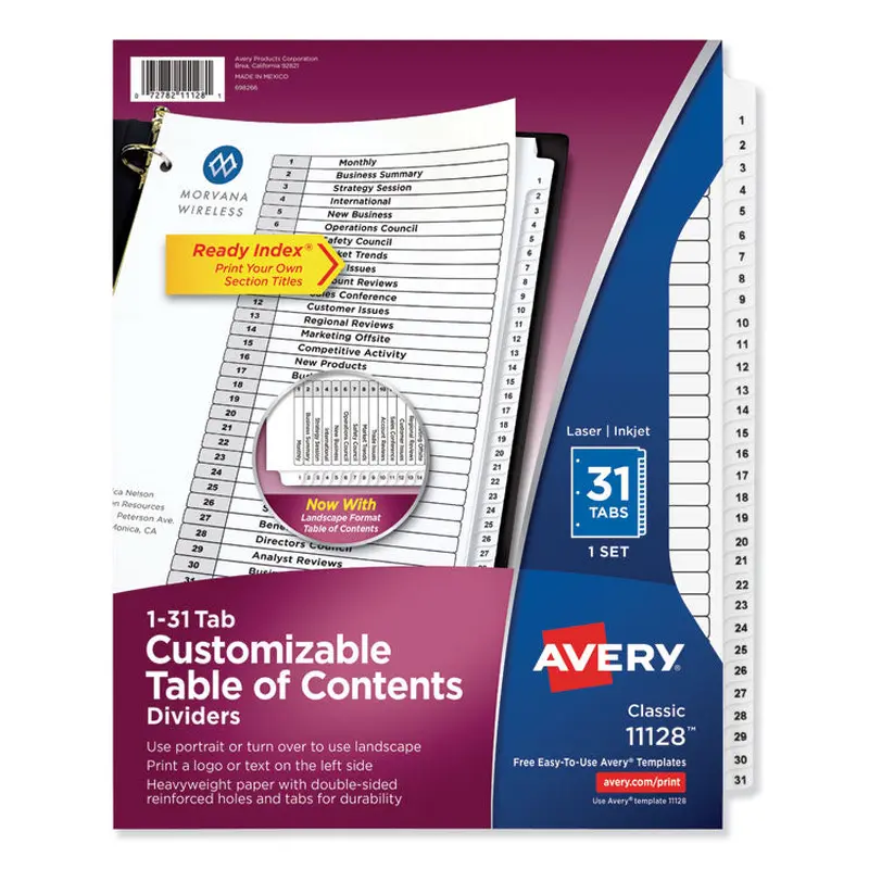 Avery Customizable TOC Ready Index Black and White Dividers, 31-Tab, 1 to 31, 11 x 8.5, 1 Set (AVE11128) Set of 31