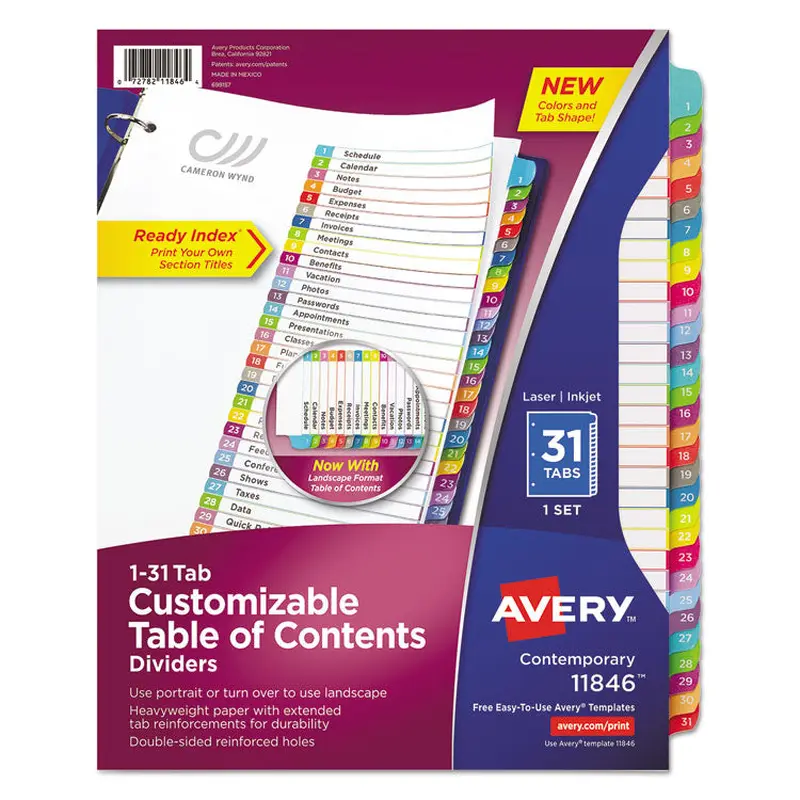 Avery Customizable TOC Ready Index Multicolor Tab Dividers, 31-Tab, 1 to 31, 11 x 8.5, White, Contemporary Color Tabs, 1 Set (AVE11846) Set of 31