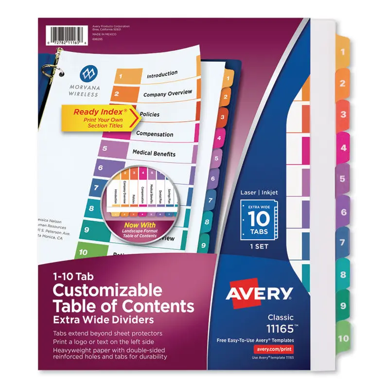 Avery Customizable TOC Ready Index Multicolor Tab Dividers, Extra Wide Tabs, 10-Tab, 1 to 10, 11 x 9.25, White, 1 Set (AVE11165) Each