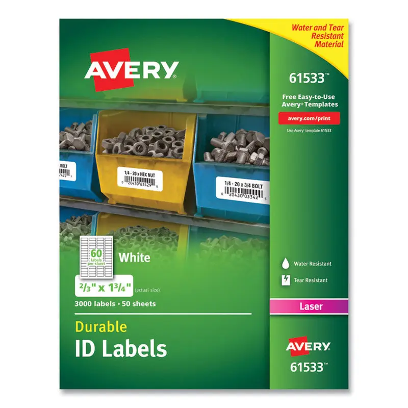 Avery Durable Permanent ID Labels with TrueBlock Technology, Laser Printers, 0.66 x 1.75, White, 60/Sheet, 50 Sheets/Pack (AVE61533) Box of 3000