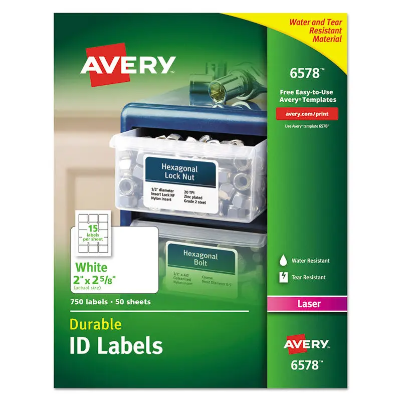 Avery Durable Permanent ID Labels with TrueBlock Technology, Laser Printers, 2 x 2.63, White, 15/Sheet, 50 Sheets/Pack (AVE6578) Pack of 750