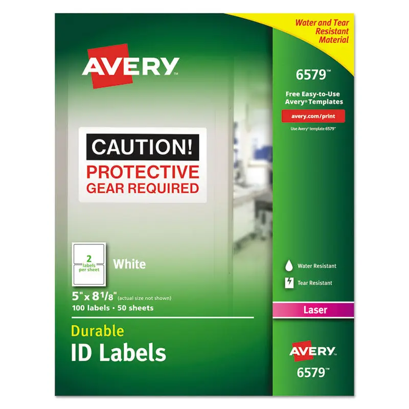 Avery Durable Permanent ID Labels with TrueBlock Technology, Laser Printers, 5 x 8.13, White, 2/Sheet, 50 Sheets/Pack (AVE6579) Pack of 100