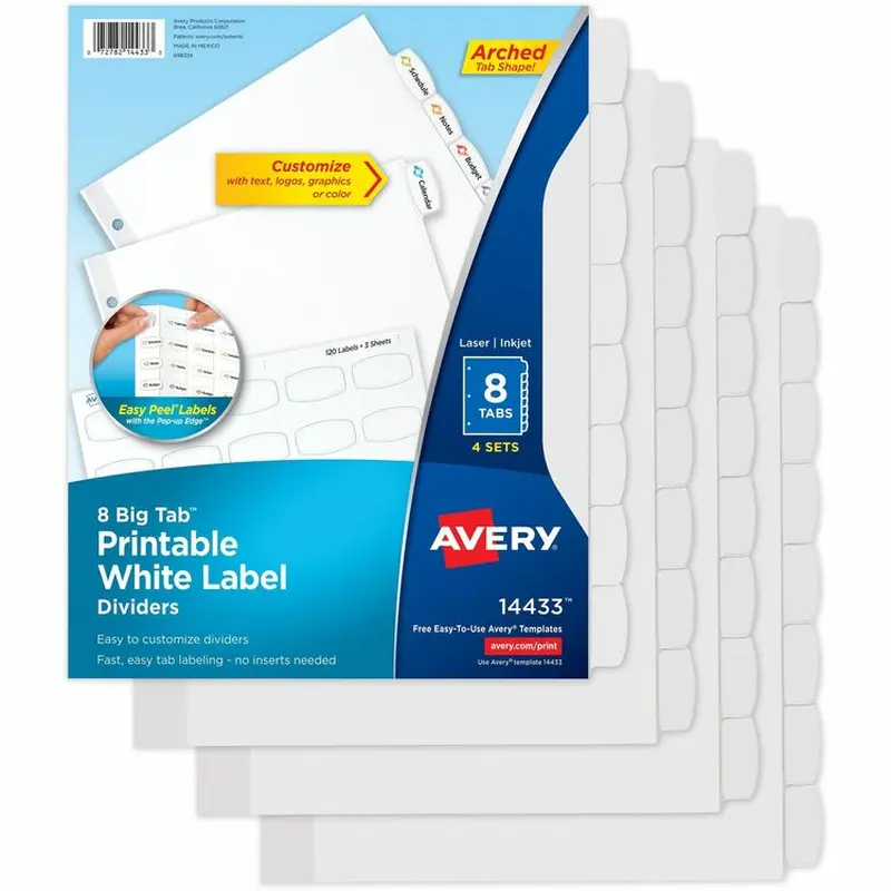Avery Easy Peel White Label Tab Dividers, 8-Tab, 6/PK, White (AVE14433) Pack of 6