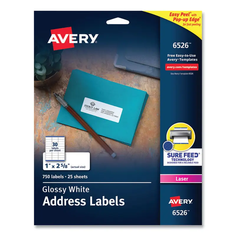 Avery Glossy White Easy Peel Mailing Labels w/ Sure Feed Technology, Laser Printers, 1 x 2.63, White, 30/Sheet, 25 Sheets/Pack (AVE6526) Pack of 750