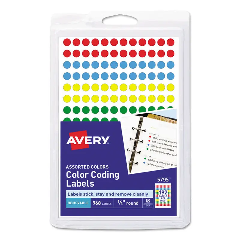 Avery Handwrite Only Self-Adhesive Removable Round Color-Coding Labels, 0.25" dia, Assorted, 192/Sheet, 4 Sheets/Pack, (5795) (AVE05795) Pack of 760