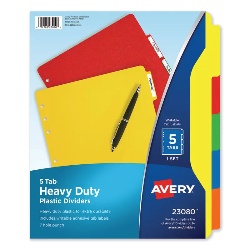Avery Heavy-Duty Plastic Dividers with Multicolor Tabs and White Labels , 5-Tab, 11 x 8.5, Assorted, 1 Set (AVE23080) Set of 5