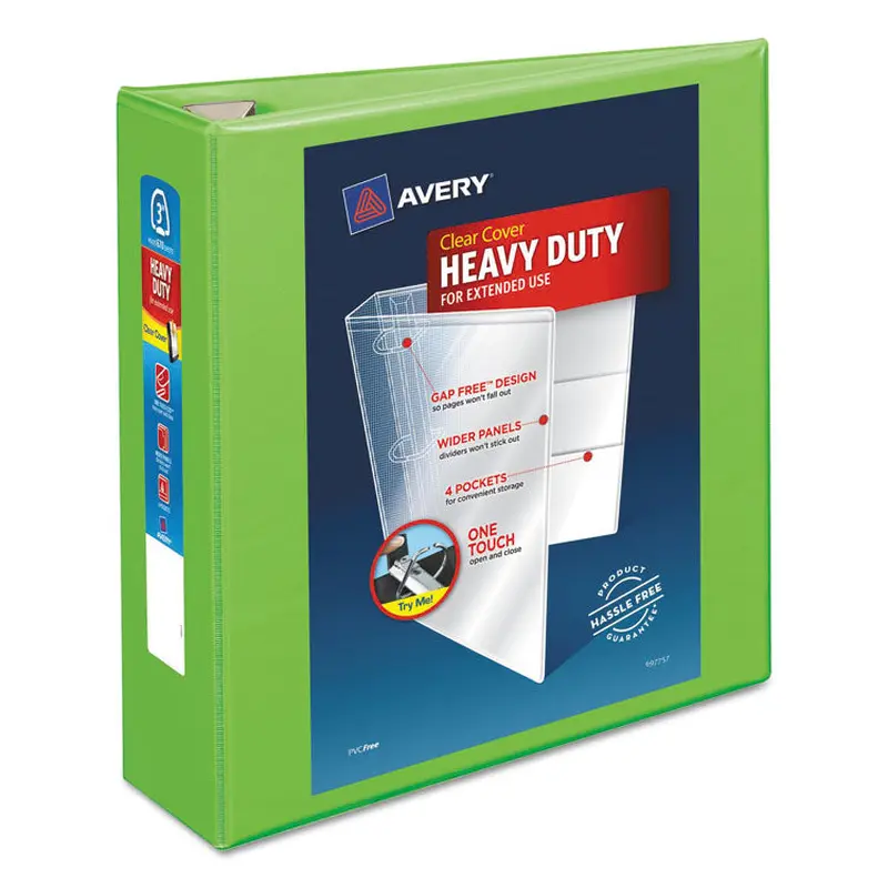 Avery Heavy-Duty View Binder with DuraHinge and Locking One Touch EZD Rings, 3 Rings, 3" Capacity, 11 x 8.5, Chartreuse (AVE79779) Each