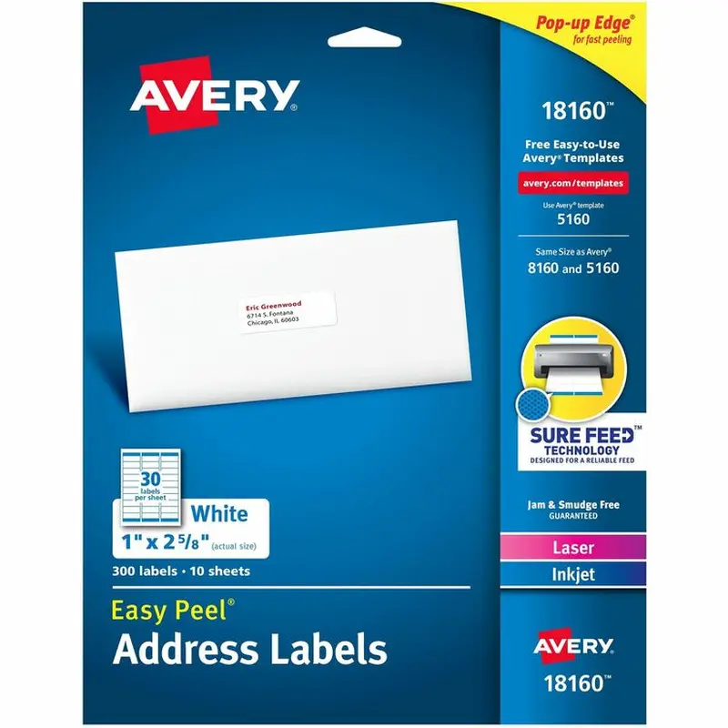 Avery White Ink Jet Mailing Labels, 1"x2 5/8", 300 per Pack (AVE18160) Pack of 300