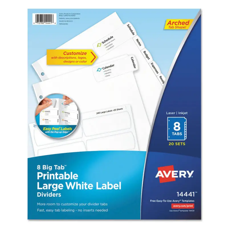 Avery Big Tab Printable Large White Label Tab Dividers, 8-Tab, 11 x 8.5, White, 20 Sets (AVE14441) Box of 20