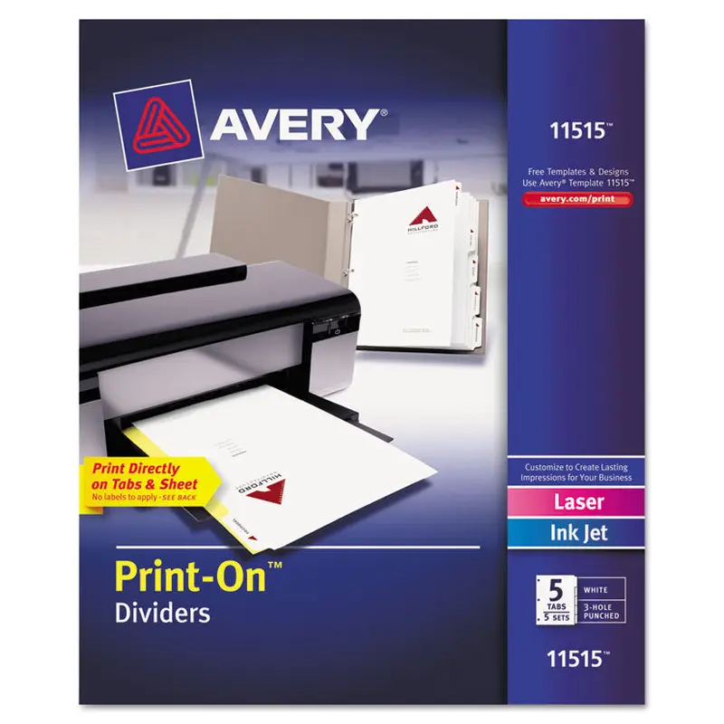 Avery Customizable Print-On Dividers, 3-Hole Punched, 5-Tab, 11 x 8.5, White, 5 Sets (AVE11515) Pack of 5