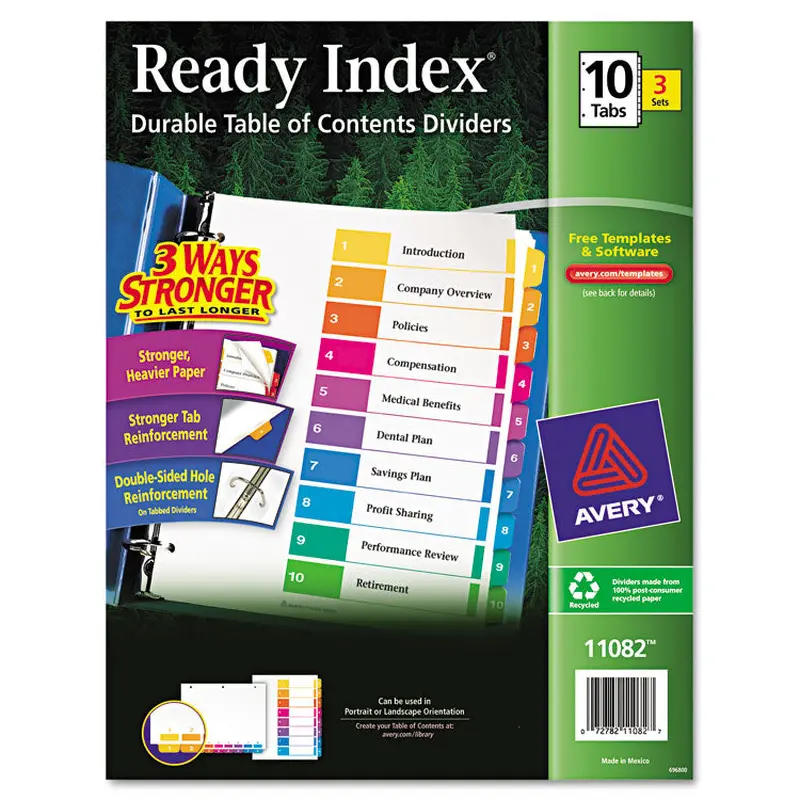 Avery Customizable Table of Contents Ready Index Dividers with Multicolor Tabs, 10-Tab, 1 to 10, 11 x 8.5, White, 3 Sets (AVE11082) Pack of 3