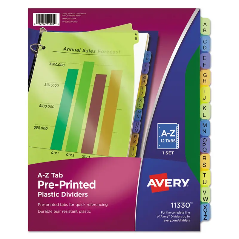 Avery Durable Preprinted Plastic Tab Dividers, 12-Tab, A to Z, 11 x 8.5, Assorted, 1 Set (AVE11330) Pack of 5