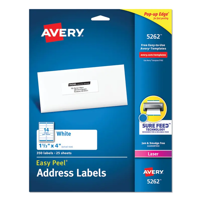 Avery Easy Peel White Address Labels w/ Sure Feed Technology, Laser Printers, 1.33 x 4, White, 14/Sheet, 25 Sheets/Pack (AVE5262) Pack of 350