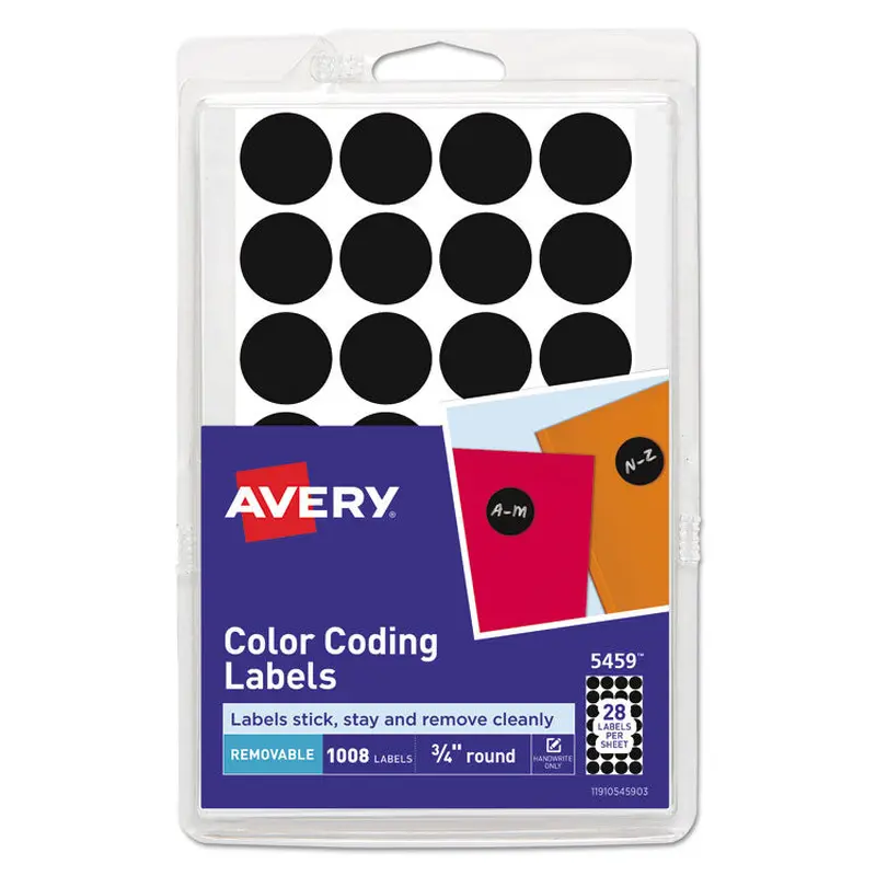 Avery Handwrite Only Self-Adhesive Removable Round Color-Coding Labels, 0.75" dia, Black, 28/Sheet, 36 Sheets/Pack, (5459) (AVE05459) Pack of 1008