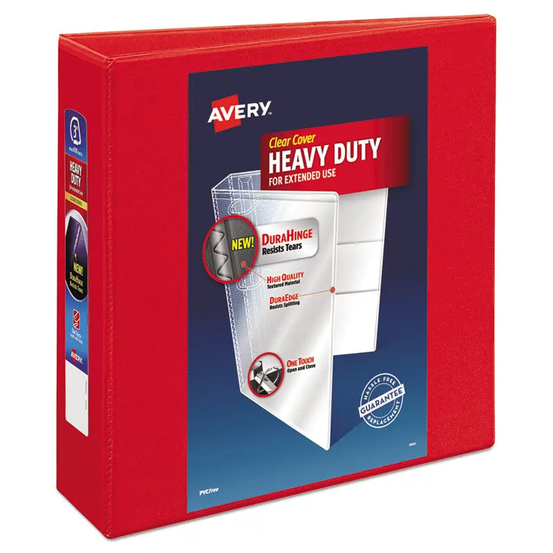 Avery Heavy-Duty View Binder with DuraHinge and Locking One Touch EZD Rings, 3 Rings, 3" Capacity, 11 x 8.5, Red (AVE79325) Each