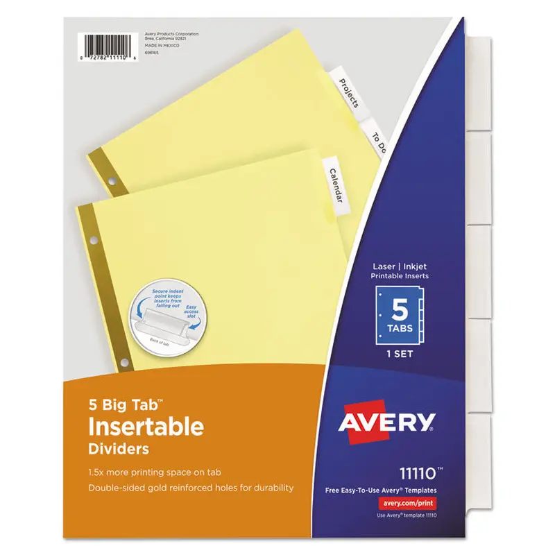 Avery Insertable Big Tab Dividers, 5-Tab, Double-Sided Gold Edge Reinforcing, 11 x 8.5, Buff, Clear Tabs, 1 Set (AVE11110) Set of 5