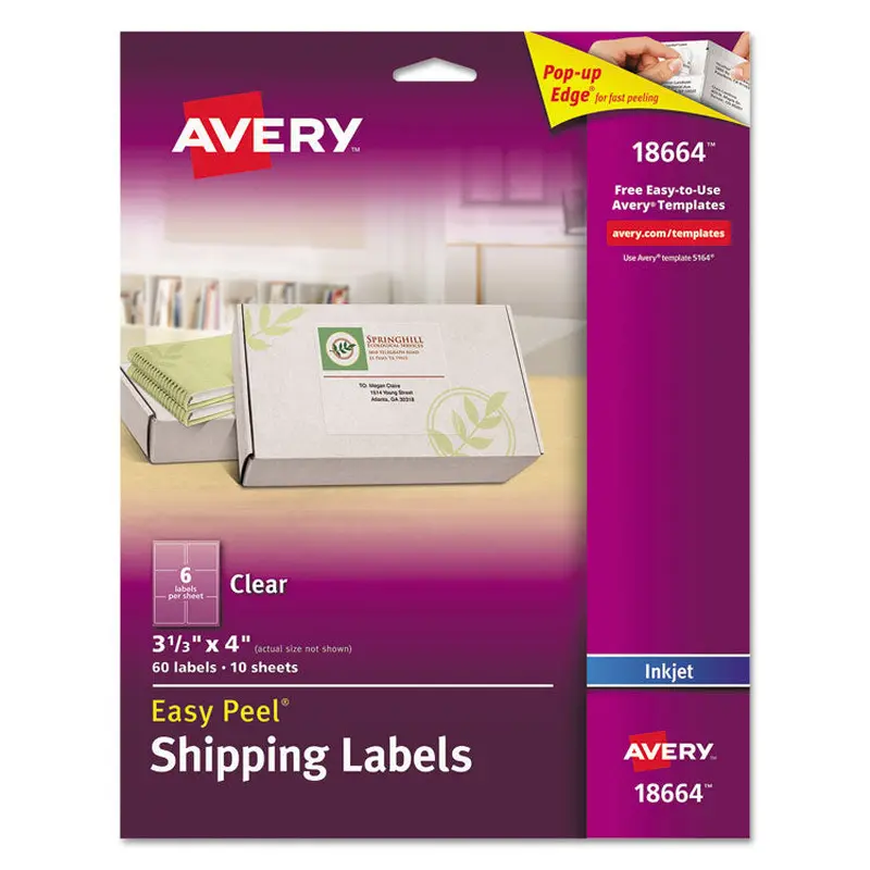 Avery Matte Clear Easy Peel Mailing Labels w/ Sure Feed Technology, Inkjet Printers, 3.33 x 4, Clear, 6/Sheet, 10 Sheets/Pack (AVE18664) Pack of 60