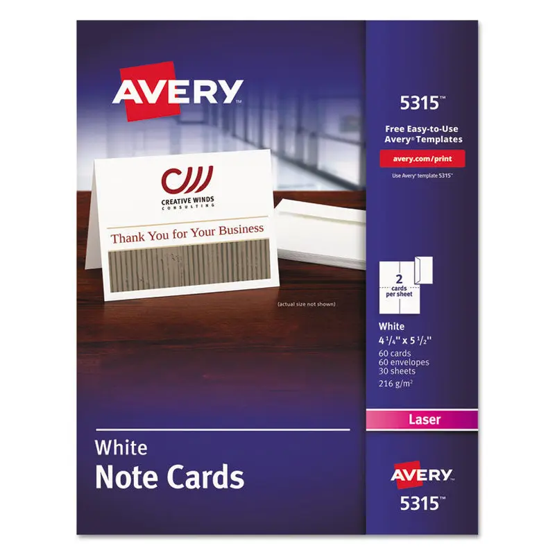 Avery Note Cards with Matching Envelopes, Laser, 80 lb, 4.25 x 5.5, Uncoated White, 60 Cards, 2 Cards/Sheet, 30 Sheets/Pack (AVE5315) Each
