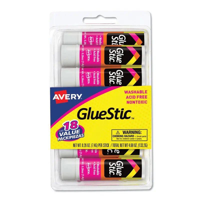 Avery Permanent Glue Stic Value Pack, 0.26 oz, Applies White, Dries Clear, 18/Pack (AVE98089) Pack of 18