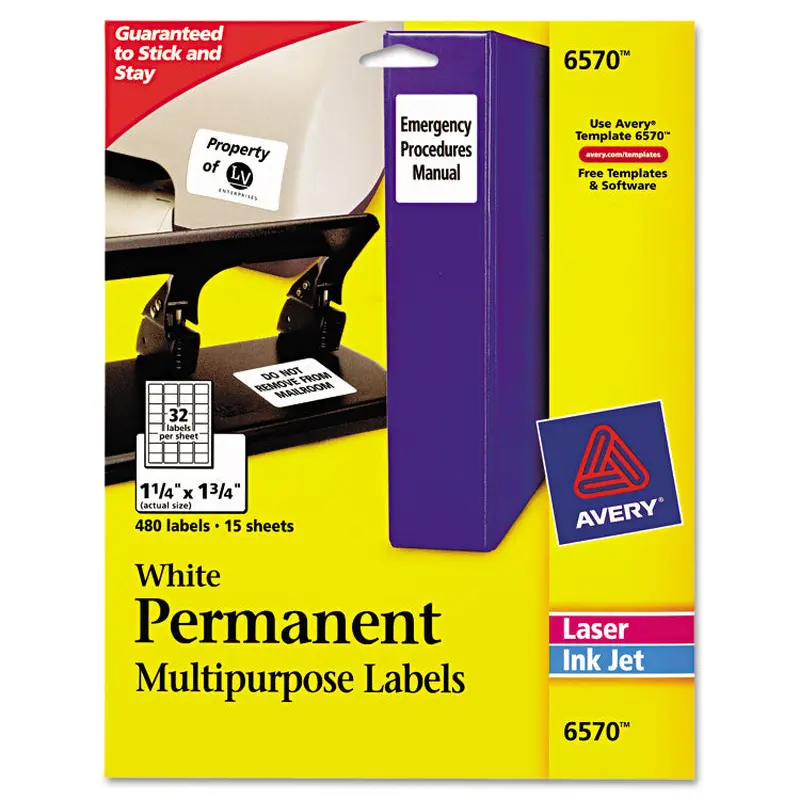 Avery Permanent ID Labels w/ Sure Feed Technology, Inkjet/Laser Printers, 1.25 x 1.75, White, 32/Sheet, 15 Sheets/Pack (AVE6570) Pack of 480