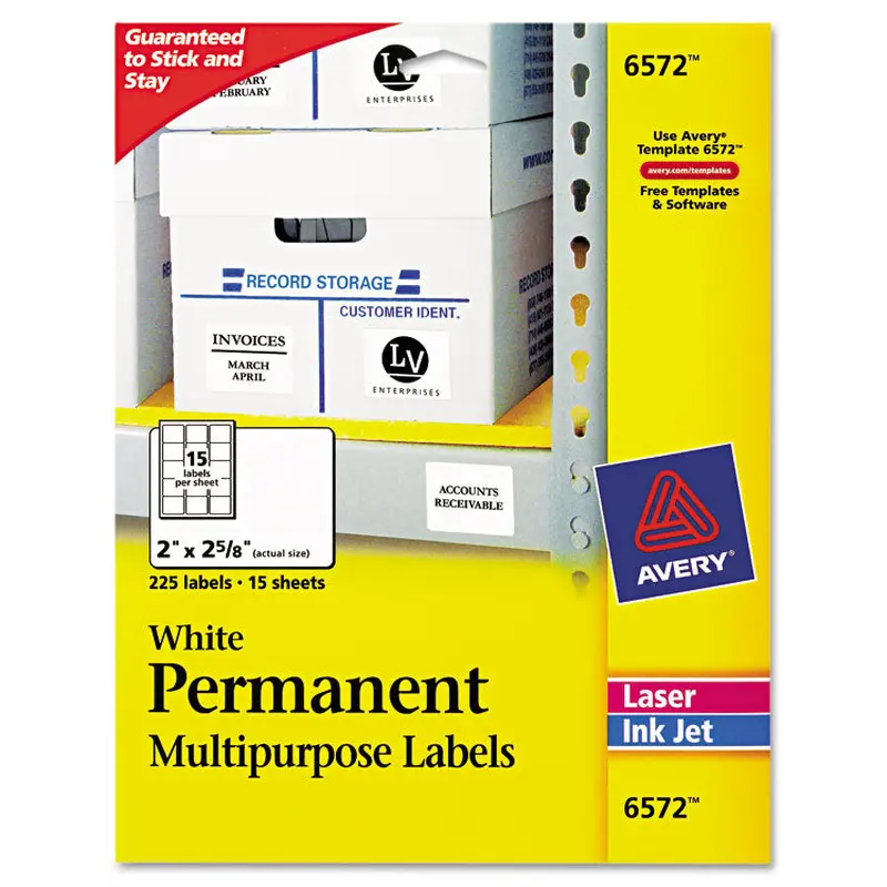 Avery Permanent ID Labels w/ Sure Feed Technology, Inkjet/Laser Printers, 2 x 2.63, White, 15/Sheet, 15 Sheets/Pack (AVE6572) Pack of 225