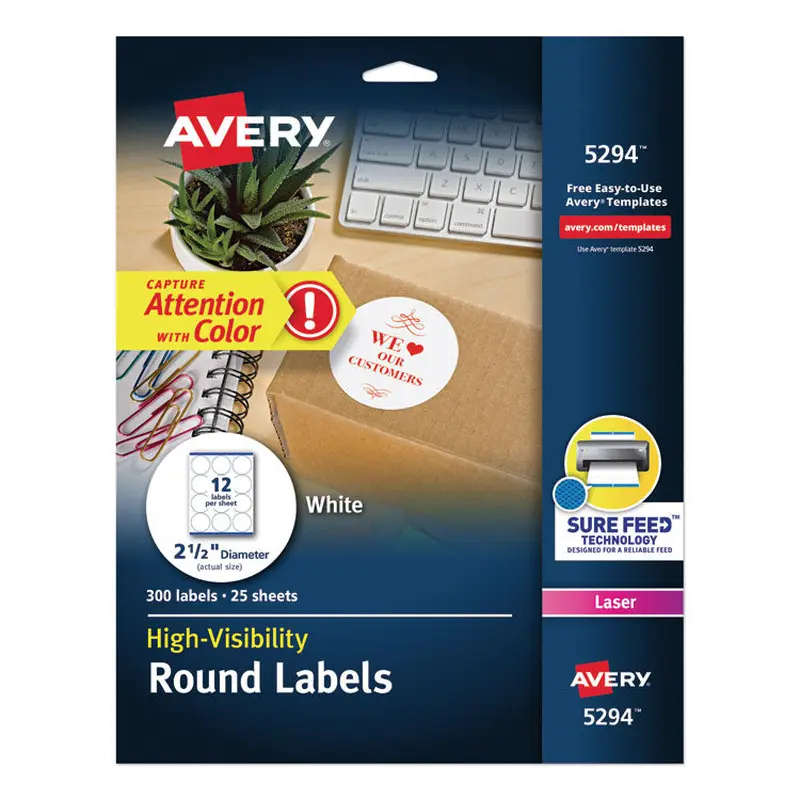 Avery Permanent Laser Print-to-the-Edge ID Labels w/SureFeed, 2 1/2"dia, White, 300/PK (AVE5294) Pack of 300