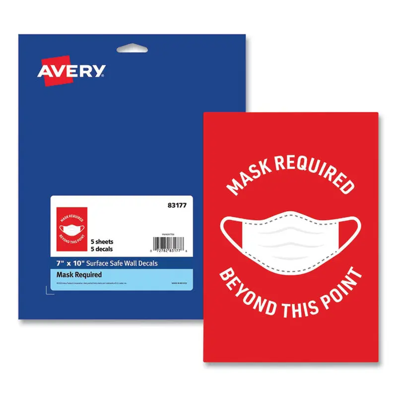 Avery Preprinted Surface Safe Wall Decals, 7 x 10, Mask Required Beyond This Point, Red Face, White Graphics, 5/Pack (AVE83177) Pack of 5