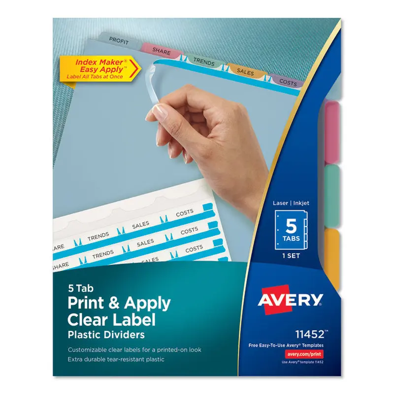 Avery Print and Apply Index Maker Clear Label Plastic Dividers with Printable Label Strip, 5-Tab, 11 x 8.5, Assorted Tabs, 1 Set (AVE11452) Set of 5