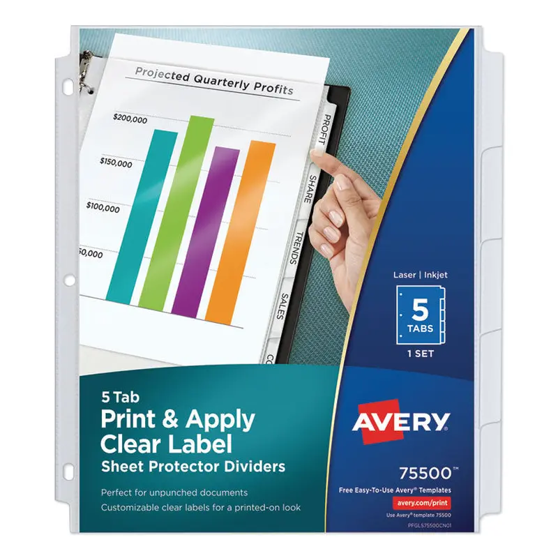 Avery Print and Apply Index Maker Clear Label Sheet Protector Dividers with White Tabs, 5-Tab, 11 x 8.5, White, 1 Set (AVE75500) Set of 5