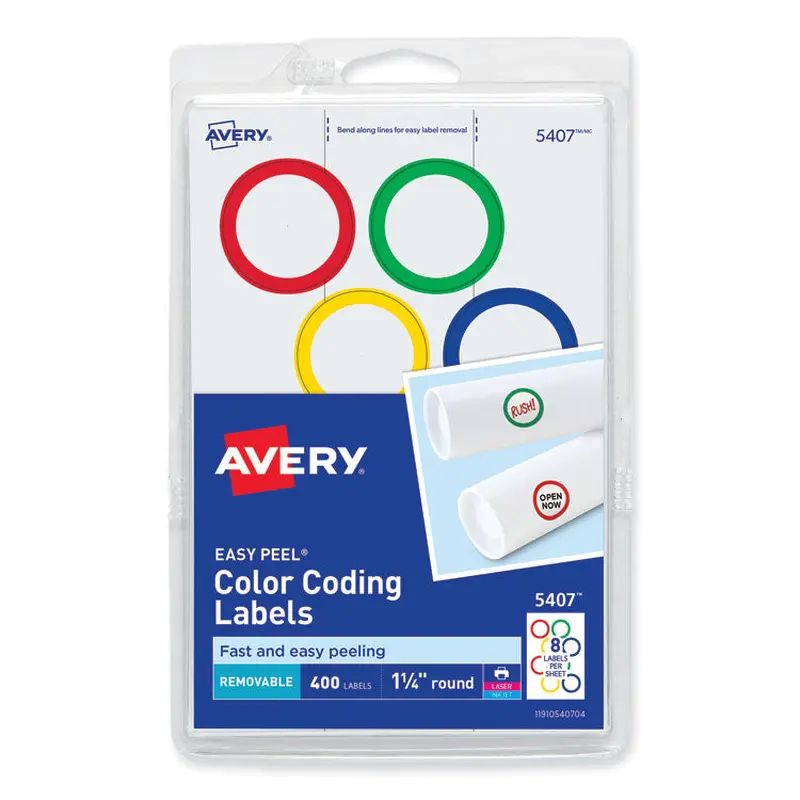 Avery Printable Self-Adhesive Removable Color-Coding Labels, 1.25" dia, Assorted Colors, 8/Sheet, 50 Sheets/Box (AVE5407) Pack of 400