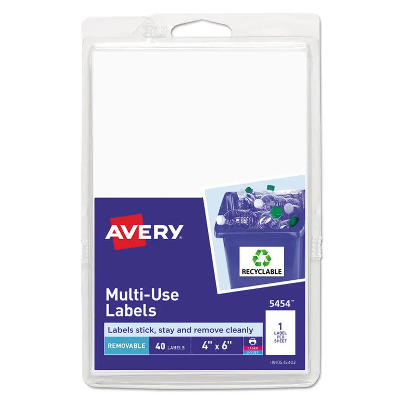 Avery Removable Multi-Use Labels, Inkjet/Laser Printers, 4 x 6, White, 40/Pack, (5454) (AVE05454) Pack of 40