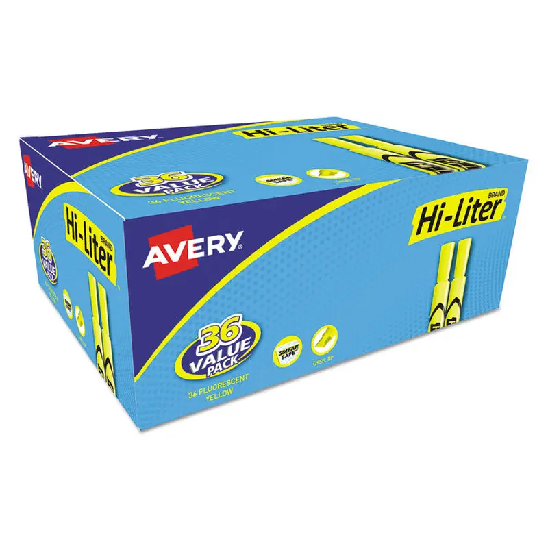 Avery HI-LITER Desk-Style Highlighter Value Pack, Fluorescent Yellow Ink, Chisel Tip, Yellow/Black Barrel, 36/Box (AVE98208) Pack of 36