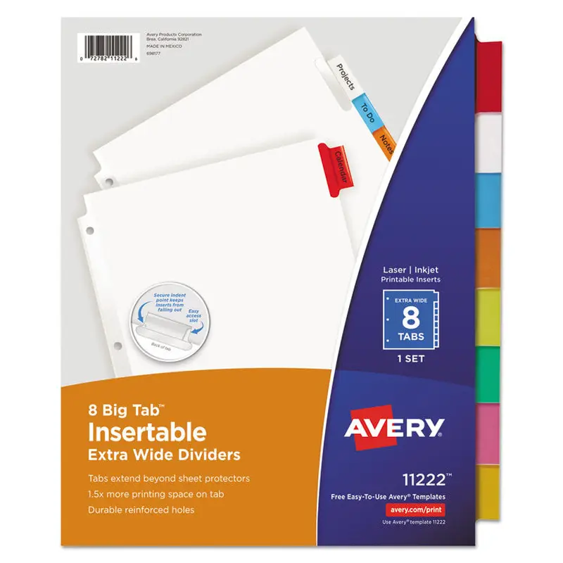 Avery Insertable Big Tab Dividers, 8-Tab, 11.13 x 9.25, White, Assorted Tabs, 1 Set (AVE11222) Set of 8