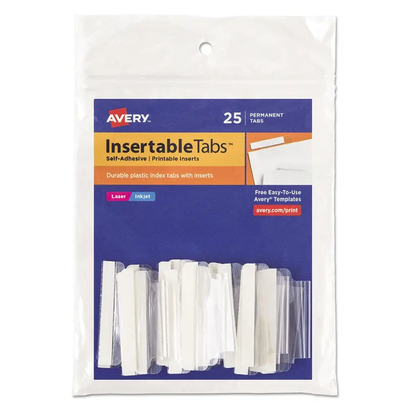 Avery Insertable Index Tabs with Printable Inserts, 1/5-Cut, Clear, 1.5" Wide, 25/Pack (AVE16230) Pack of 25