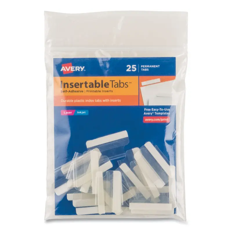 Avery Insertable Index Tabs with Printable Inserts, 1/5-Cut, Clear, 1" Wide, 25/Pack (AVE16221) Pack of 25
