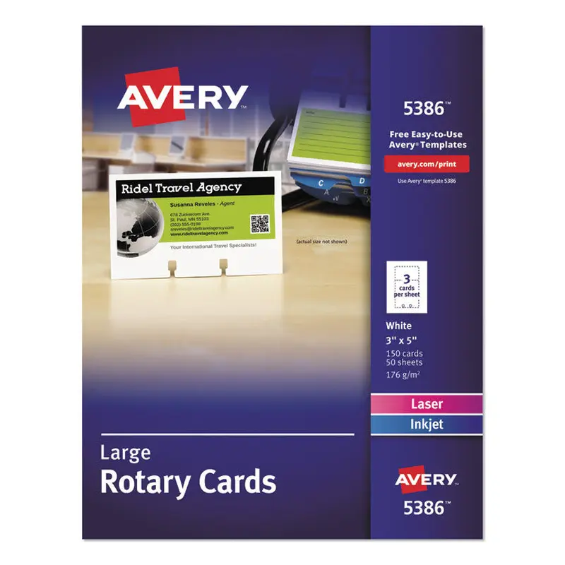 Avery Large Rotary Cards, Laser/Inkjet, 3 x 5, White, 3 Cards/Sheet, 150 Cards/Box (AVE5386) Box of 150