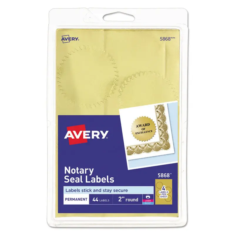 Avery Printable Gold Foil Seals, 2" dia, Gold, 4/Sheet, 11 Sheets/Pack, (5868) (AVE05868) Pack of 44