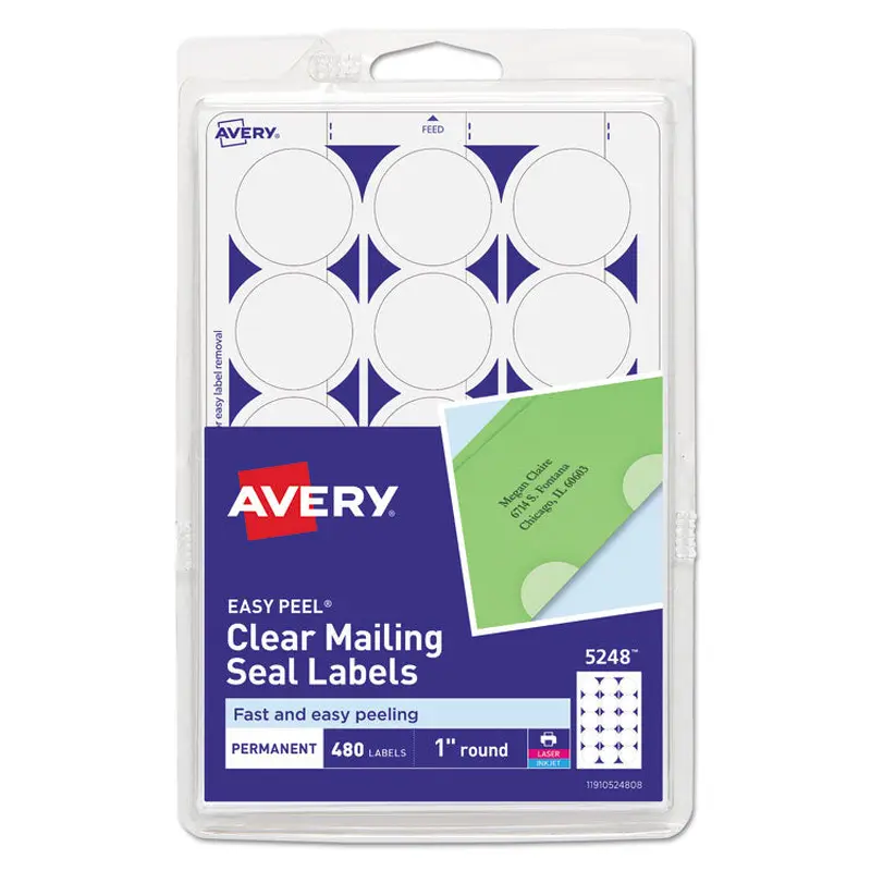 Avery Printable Mailing Seals, 1" dia, Clear, 15/Sheet, 32 Sheets/Pack, (5248) (AVE05248) Pack of 480